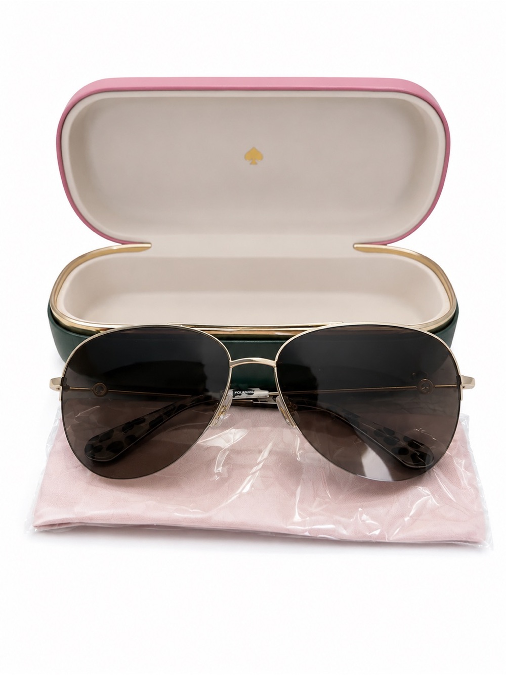 NWOT katespade Gold-Tone Aviator Sunglasses with Dark Smoke Lenses and Pink Case